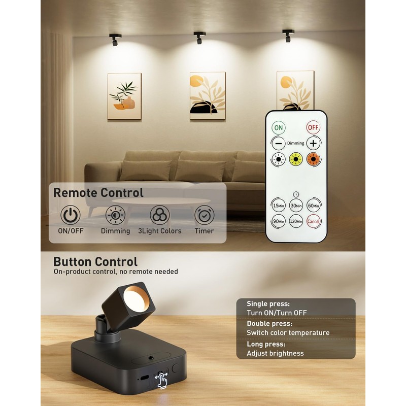 Diomart Rechargeable Mini Spotlights Indoor with Remote, 2 Pack