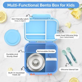 BEAQUEE Bento Box for Kids with Soup Thermos(9oz)– Kid Bento Lunch Box with Leak Proof Insulated Food Jar, Hot & Cold Lunch Container Set for School Girls Boys, 4-Compartments, Dishwasher Safe, Blue