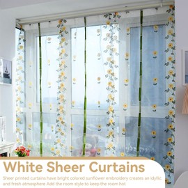 Agatige Short Curtains, Sunflower Embroidery Panel Curtain, White Voile Curtains for Living Room, Bedroom, Window Panel Decor (80 x 150 cm)