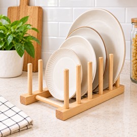 Wooden Plate Rack for Kitchen Organization – Multi-Slot Dish Drying and Cutting Board Holder for Countertops and Shelves