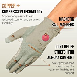 Copper Tech Ladies Golf Gloves Women (2nd Gen) | Copper Compression Wrist & Joint Support | Flexible & Comfortable Fit with Premium Leather Construction | Reinforced Palm Pad for Tacky Grip & Traction
