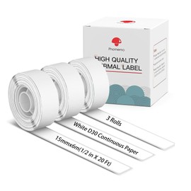 Phomemo 3 Roll D30 Adhesive White Continuous Thermal Label Paper 1/2 in X 20 Ft (15mm X 6m) Black on White, for Phomemo D30/D35 Label Maker, for Home Office School Organization, Gift for Decoration
