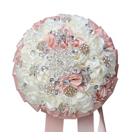 Gkvszy 10.2in Blush Pink Ivory Handmade Wedding Bridal Bouquet with Luxury Rhinestone Brooch Pearl Satin Rose Flower Bouquet for Bride Bridesmaid Quinceanera Wedding Bouquet Blush Pink and Ivory