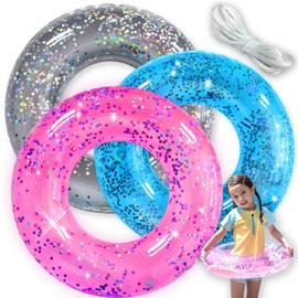 Pool Floats Kids 3 Pack, Inflatable Swim Rings for Kids Pool Tubes Toys, Pool Floats Ring Toys, Summer Beach Swimming Pool Floats Party Supplies + Patch&Tow Rope