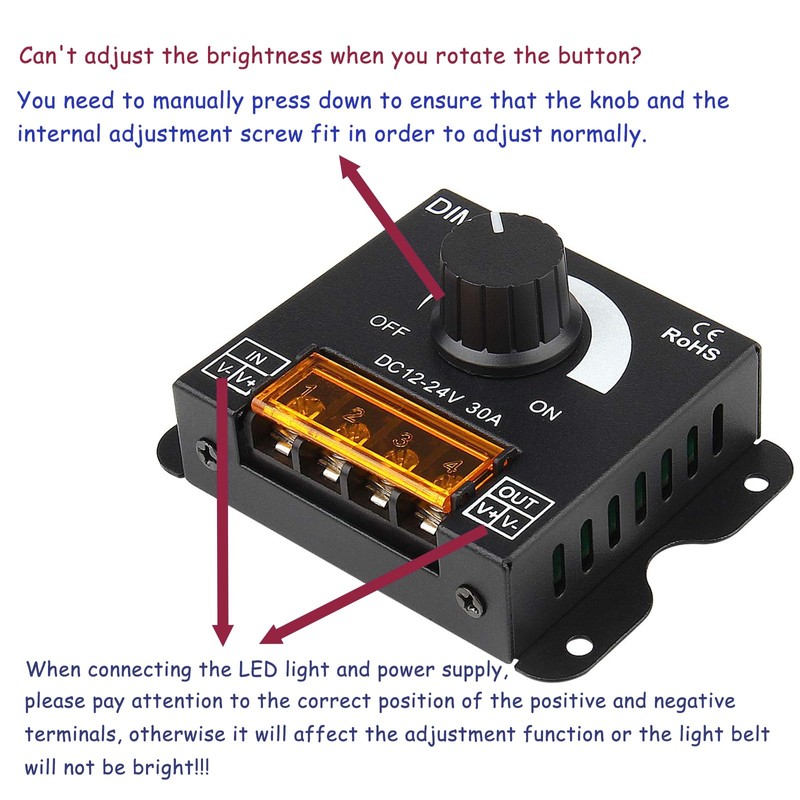 SUPERNIGHT LED Light Strip Dimmer, DC12V-24V 30A PWM Dimming Controller