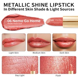OULAC Lipstick Metallic Shine Finish, Coral Glitter Highly Pigmented Lipstick with a Creamy Formula, Moisturising and Nourishing, Lip Gloss with Full Coverage, 4.3 g (06)