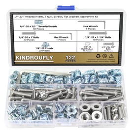 Kindroufly 1/4-20 Threaded Inserts for Wood, 1/4-20 T Nuts, 1/4-20 Bolts Fully Threaded Button Head Socket Cap Screws, Length 3/4" 1" 1-1/4" and 1/4" Washers with Hex Wrench, Total 122 Pieces