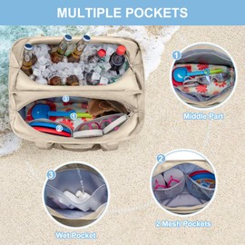 Yarwo Large Beach Bag with Insulated Cooler, Extra Beach Vacation Tote Bag with Wet Dry Pockets and Luggage Strap for Swim, Pool, Camel