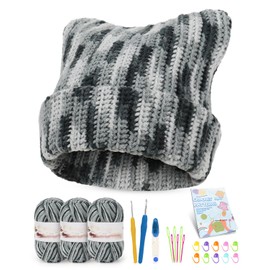Aeelike Hat Crochet Kit, Crochet Kit for Beginners Adults Learn to Crochet Hat with Soft Yarns Crochet Hooks Size E/4 G/6 Detailed Instructions, Easy Crochet Starter Kit for Cute Cat Ear Hat