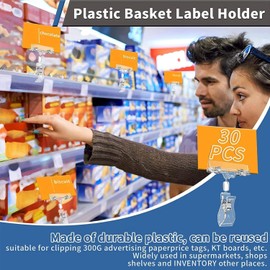 Elqater 30 Pcs Label Holders Sign Clip, Plastic Clear Rotatable Sign Clips, Merchandise Sign Display Clip, Price Tag Clamp Easy to Use