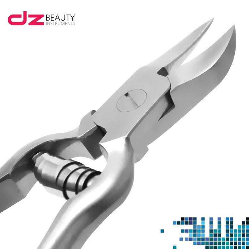 Nail clippers with buffer spring, ribbed handles with curved cutting