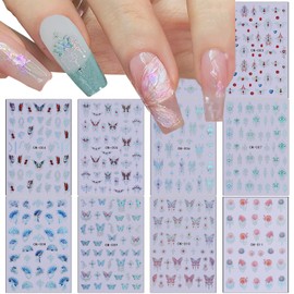 10 Sheets Butterfly Nail Art Stickers 3D Laser Chain Nail Design Self Adhesive Butterflies Nail Stickers Spring Flowers Nail Supplies Blue Fan Nail Decals for Women Girls Nail Decoration