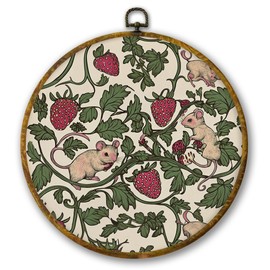 Mcehtle Vintage Mouse and Strawberry Wall Art Decor, Botanical Fruit Kitchen Framed Canvas Prints 10x10, Moody Nature Strawberries Modern Round Wall Hanging Artwork Decorations for Dining Roomc