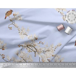 Soimoi Blue Rayon Fabric White Floral & Bulbul Bird Print Fabric by Yard 42 Inch Wide