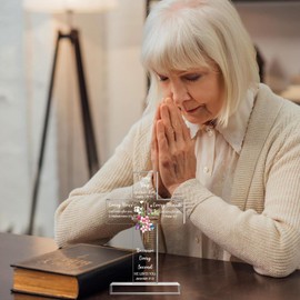 RIKONDA Laser-Engraved Christian Cross Decor - 16x16cm Acrylic Standing Cross with alloy base,Bible Verse Display with Sunflower Motif, Inspirational Home & Office Gift (130g)