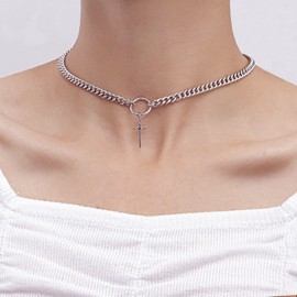 TseenYi Cross Pendant Necklace Silver Circle Pendant Choker Necklace Punk Chain Necklace Crucifix Necklace Jewellery for Women and Girls Gifts