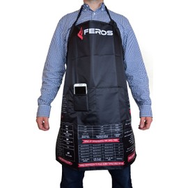 FEROS Cheat Sheet BBQ Aprons - grill times and temperatures printed upside down! Waterproof black apron with white lining - 3 set pockets on front for convenient grilling, cooking, and kitchen chef