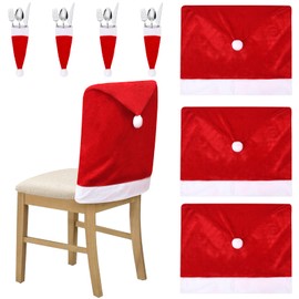 BROADREAM Set of 4 Christmas Chair Covers, Santa Hat Chair Cover Stretch Chair Covers, Removable Chair Cover in Christmas Design for Dining Table Christmas Decoration