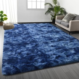 Deerhoo Large Shag Area Rugs 5 x 8, Plush Fuzzy Rugs for Living Room, Ultra Soft Fluffy Furry Rug for Bedroom, Indoor Carpet Nursery Rugs for Kids Room Home Decor, Tie-Dyed Navy Blue