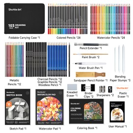 Shuttle Art 103 PCS Drawing Kit, Professional Drawing Supplies with Sketch, Charcoal, Colored, Graphite, Pastel Pencils & Sticks, Complete Drawing Tools and Paper Pads in Zipper Case for Artists&Kids