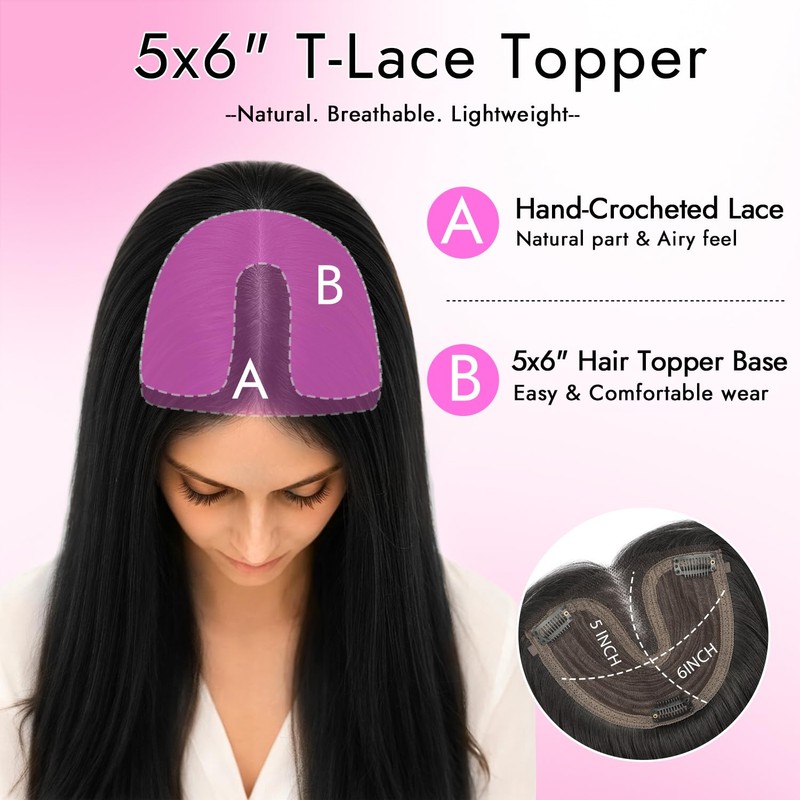 Hair Toppers for Women, 5x6 Inch Large Base Clip In,24