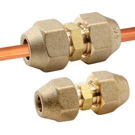 Opfiue 2PCS Copper Pipe Extension Joint Connectors, Air Conditioning Coupling Adapters Flare Nuts Connectors, Durable Copper Tube Diameter 3/8 and 1/4-Inch for HVAC