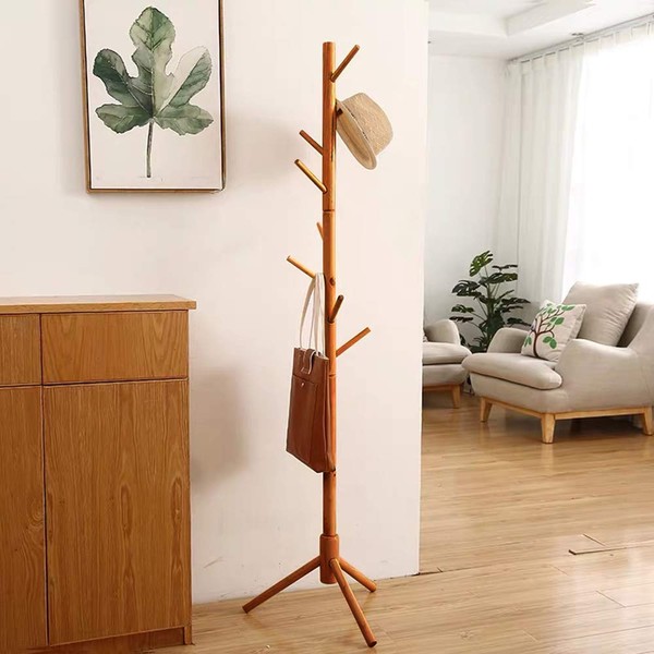 Bamboo Coat Rack Tree with 8 Hooks, Free Standing Wooden Coat Rack, Entryway Coat Hanger Stand, Easy Assembly Hallway Entryway Tree with Solid Base for Hat, Clothes, Scarves, Handbags, Umbrella