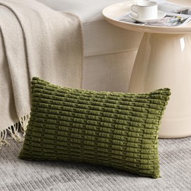 Fancy Homi 1 Pack Boho Moss Green Decorative Throw Pillow Covers 12x20 Inch for Couch Bed Sofa, Rustic Modern Farmhouse Home Decor, Soft Plush Corduroy Cute Rectangle Cushion Case 30x50 cm