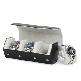 Hiram Watch Roll Case Genuine Leather Hexagon Watch Travel Case for 3 Watches Protective Watch Storage Box (Black)