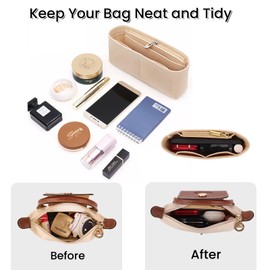 Purse Organizer Insert & Strap for Longchamp Mini, Folding Multi-Pocket Felt Handbag Organizer Insert, Punch-Free Adjustable Buckle Strap, Small Tote Bag Organizer & Strap for Longchamp (Beige&Brown)