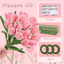 UzecPk Pipe Cleaner Flower Kit, Pipe Cleaners Craft Supplies, Chenille Stems Pipe Cleaners with Wrapping Paper, Step-by-Step Video Tutorials for Birthday Home Decoration（15 Flowers）