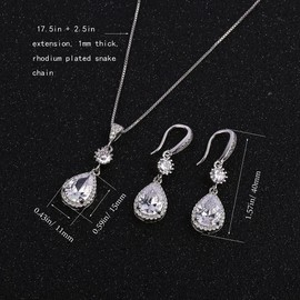 AMYJANE Bridal Jewelry Set for Wedding - Teardrop Silver Cubic Zirconia Crystal Drop Earrings and Necklace Set for Bride Bridesmaids Mother of Bride Prom Party