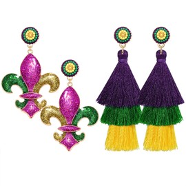2 Pairs Mardi Gras Earrings for Women Glitter Fleur de Lis Tassel Dangling Earrings Fat Tuesday Carnival Parade Jewelry Gifts