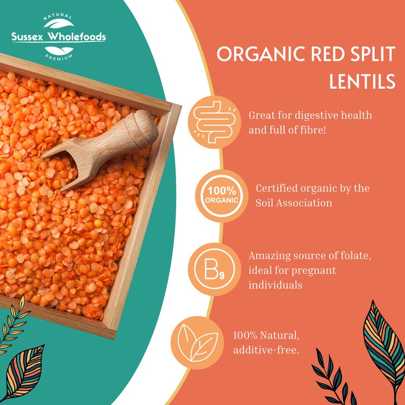 Sussex Wholefoods: Organic Red Split Lentils 500g - Protein-Packed, Quick-Cooking