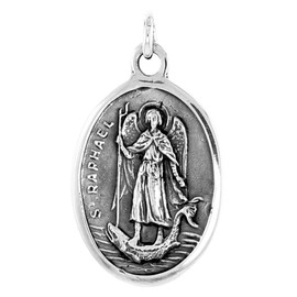 Sterling Silver St Raphael Medal Pendant Oxidized finish Oval 1 inch