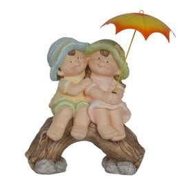 Alpine Corporation QWR1370 Indoor/Outdoor Boy and Girl with Umbrella Garden Statue, Playful Friendship Statue, 20" H, Yellow