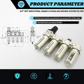 Jecoupoon 3/4" NPT Industrial Grade 4 Stage Gas Drying System, Coalescing Filter, Desiccant Dryer, Auto Drain, Compatible with Paint Spray, Plasma Cutter (Manual Version,3/4" NPT)