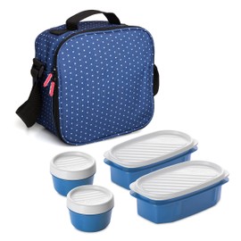 Tatay Urban Food Casual - Insulated Lunch Bag, 3L Capacity, 4 Plastic Food Storage Containers (2 x 0.5 L, 2 x 0.2 L) BPA Free, Blue with Dots. Measure 22.5 x 10 x 22 cm