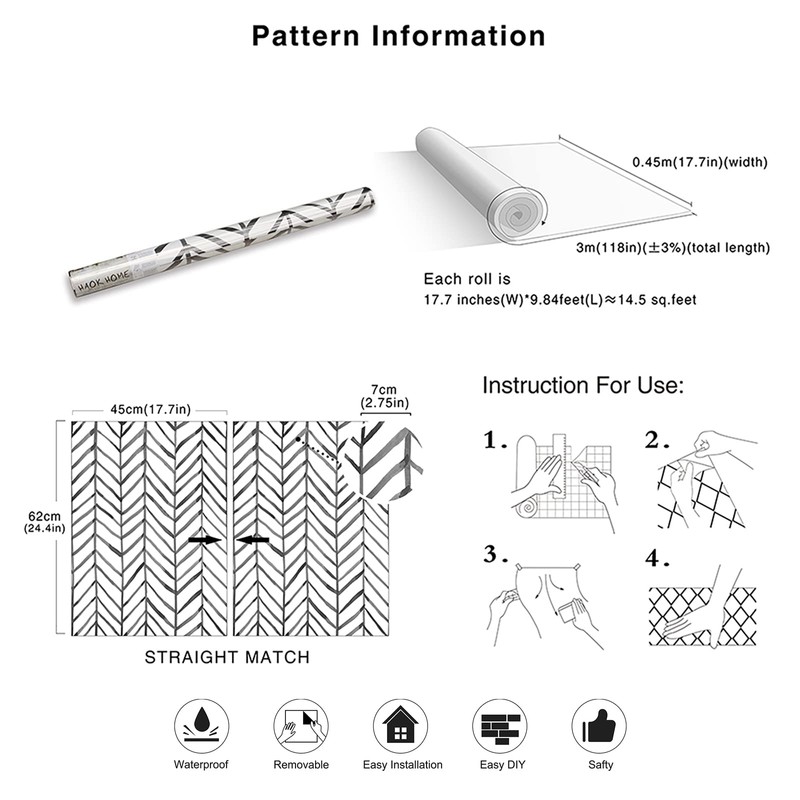 HAOKHOME Black and White Wallpaper Peel and Stick Stripe Herringbone