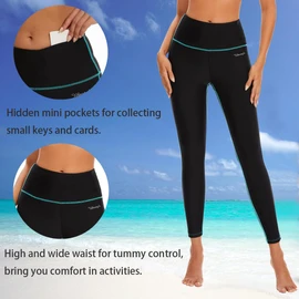 Ubestyle UPF 50+ High Waist Women's Swim Pants Swim Leggings Swimming Tights Rash Guard Pants Sun Protective, Black(blue Stitching), Large