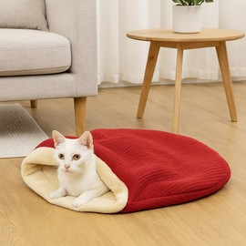 SWIFTSUPPLIES Cat Sleeping Bag - Cozy Plush Pet Bed for Cats and Small Pets, 13" x 10" x 1.6" (33 x 26 x 4 cm), Soft Red & Cream Design, Machine Washable, Portable Comfort