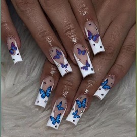 24Pcs Matte Coffin Press on Nails Long Fake Nails White French Tip False Nails with Glitter Rhinestone Design Blue Butterfly Pattern Nails Press ons Artificial Glue on Nails for Women Coffin Nails