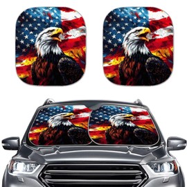 Suhoaziia American USA Flag Eagle 2 Pieces Car Windshield Sun Shade Foldable Sunshade, Car Sun Shield for Automotive Interior Sun Protection Independence Day, Universal Fit Most Vehicles