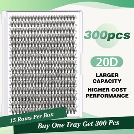 Lash Clusters 300pcs Individual Lashes 20D 0.07C Curl 8-16MIX DIY Eyelash Extension KEYYOU Large Tray Volume Soft&Natural Cluster Lashes(20D-0.07C,8-16MIX）