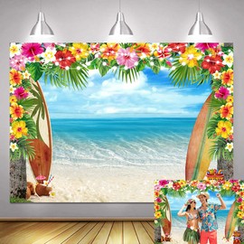 7x5ft Summer Hawaiian Beach Backdrop Tropical Flower Palm Leaves Surfboard Photography Background Hawaiian Party Decorations Banner Aloha Luau Theme Party Supplies Photo Shoot