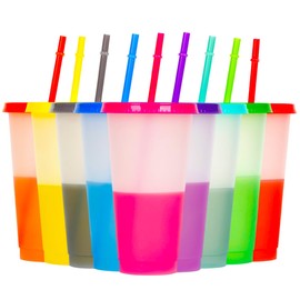 Alohastarttg Color Changing Cups, 9 Pack 24oz Plastic Tumblers, Reusable Iced Coffee & Smoothie Cups with Lids and Straws for Parties and Travel (9, White)