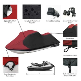 JETPRO Trailerable Stand-up Jet Ski Cover, Waterproof Marine Grade 600D Heavy Duty Polyester PWC Cover Burgundy/Black Color Yamaha Superjet Kawasaki SX 650 SX-R