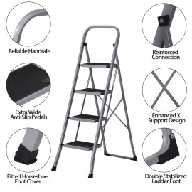 SEGAWE 4 Step Ladder Folding Step Stool with Wide Anti-Slip Pedal 330 lbs Capacity Grey