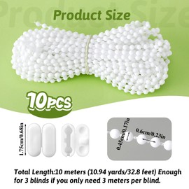 Xthrotsenk Roller Blind Bead Chain 32.8 Feet (10 Meters) Replacement Cord for Blinds Roller Shade Chain, Venetian Blinds Cord for Roman Vertical Shade Blind with 10 pcs Bead Chain Connectors (White)