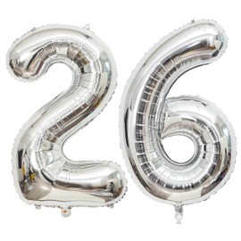 40 Inch Silver 26 Number Balloons Giant Jumbo Huge 26 or 62 Foil Mylar Helium Number Digital Balloons Silver Birthday Mylar Digital Balloons 26th or 62th Birthday Anniversary Events Party Decorations Supplies